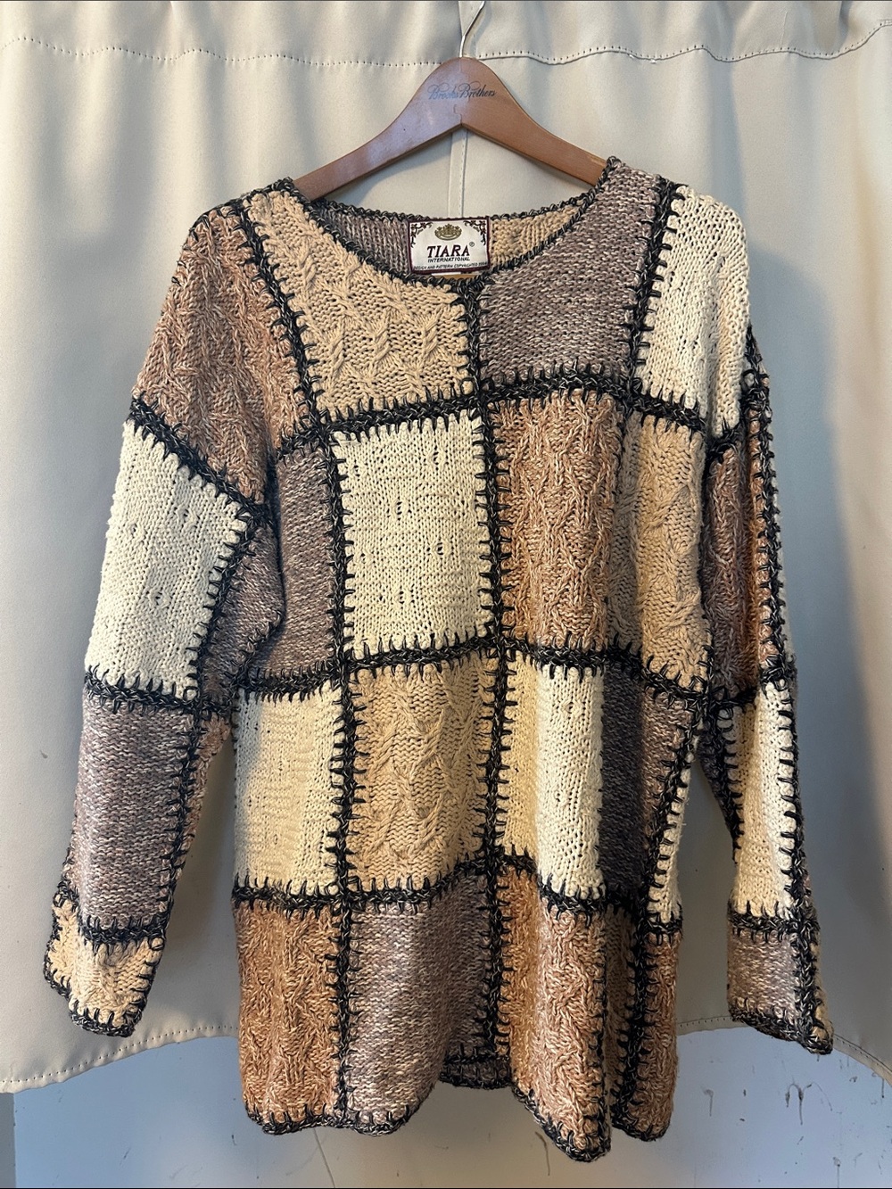 Tiara Neutral Patchwork Cable Knit Sweater in Cream, Tan & Brown